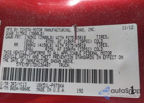 2013 Toyota Tundra Grade 5.7L V8 из США, поврежденный, VIN 5TFEY5F17DX136487